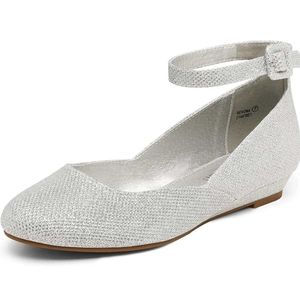 DREAM PAIRS Revona Low Wedge Ankle Strap Flats Shoes Silver